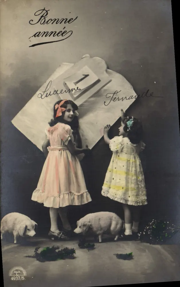Zwei junge Mädchen und zwei Schweine — Frohe Weihnachten — R&K 4937/5 - Vorderseite