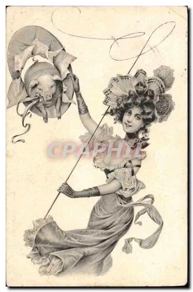 Femme en costume de scène tenant un cochon dans un chapeau — éditeur P. F. B. — Série 1940 - Vorderseite