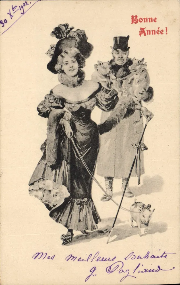 Paar mit Schweinen — Frohes Neues Jahr 1902 — Ansichtskarte Nr. 841 - Vorderseite