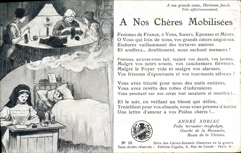 Französische Frauen mobilisiert — Gedicht von André Soriac — Edition Cigalia, Serie der illustrierten Kriegssonette-Karten, Nr. 12 - Vorderseite