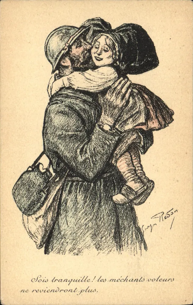 Soldat, der eine Frau küsst — Illustration von Guy Resson — Verleger Devambez, Paris, Nr. 123 - Vorderseite