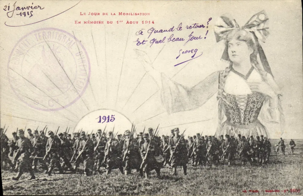 Soldaten auf dem Marsch — Mobilisierungstag — N° 9608 — Alès, Frankreich - Vorderseite