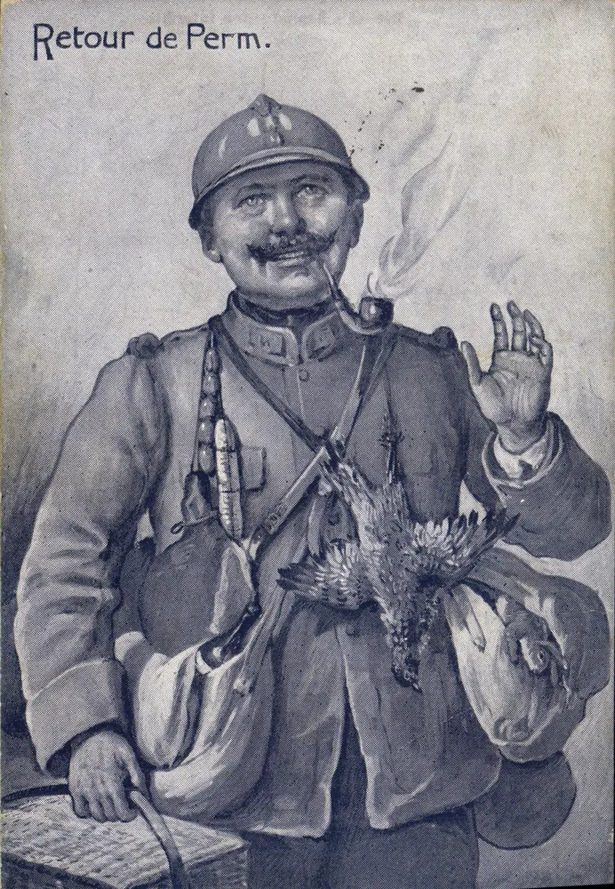 Retorno de Perm. — Soldado francês em uniforme com cachimbo e pássaro — editor SID Paris, n° III - Frente
