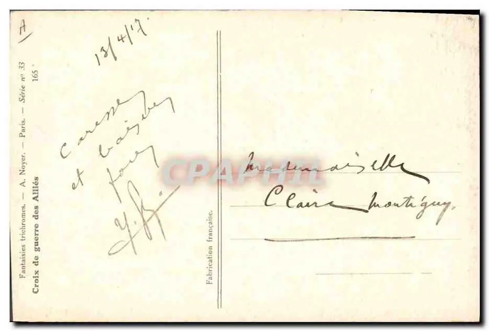 Femme en uniforme militaire — Fantaisies trichromes — A. Noyer, Paris, Série n° 33 - Verso