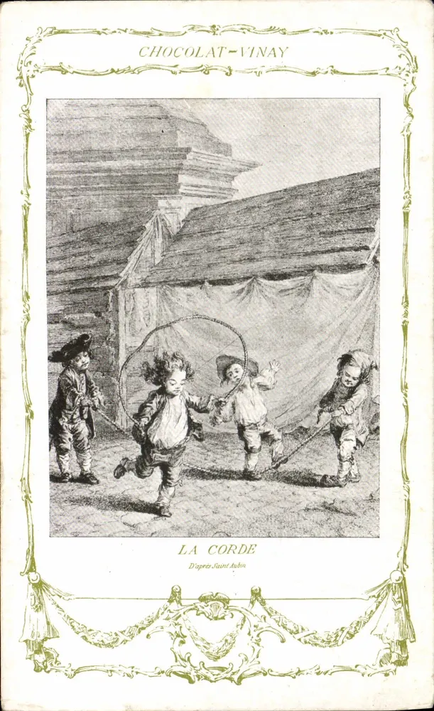 Crianças brincando na corda — ilustração segundo Saint-Dubois — Chocolat-Vinay, Série VII, N° 15 - Frente