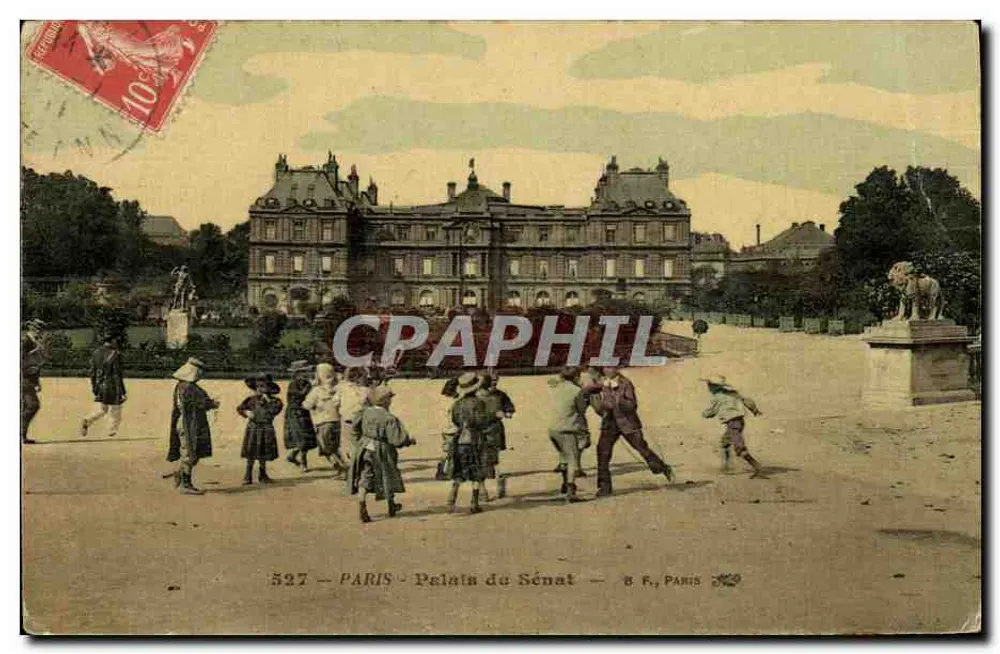 Paris - Palais du Sénat — vue du bâtiment avec enfants jouant devant, éditeur B. F., Paris, n° 527 - Vorderseite