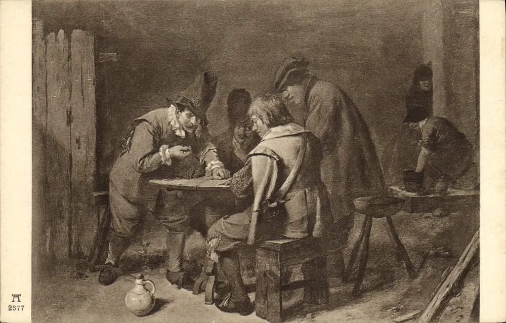 Zwei Soldaten, die Würfeln — A. Brouwer — F. A. Ackermann's Kunstverlag, München, Serie 2877 - Vorderseite