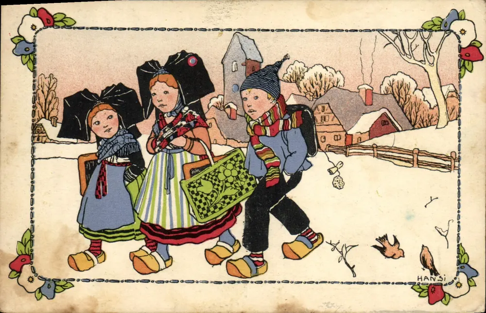 Kinder in Volkskleidung — Winterlandschaft — Verlag Hansi - Vorderseite