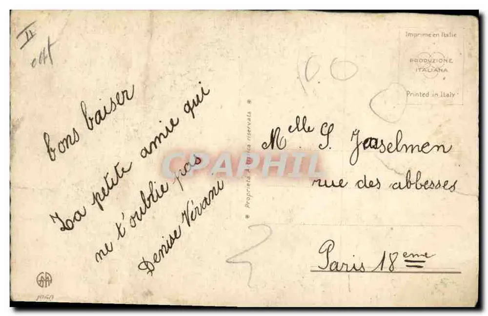 Mère tenant deux bébés sous la pluie — illustration signée 'Ceylambbe' — éditeur 'Imprime en Italie' sur le verso - Rückseite