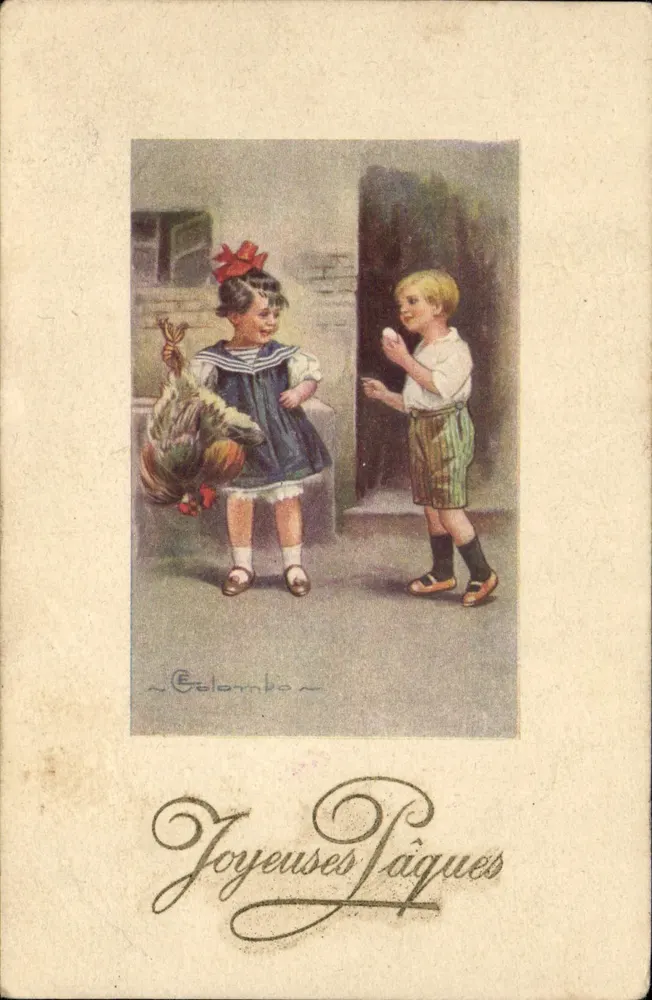 Kinder mit Huhn und Ei — Frohe Ostern — Verlag Colomban - Vorderseite