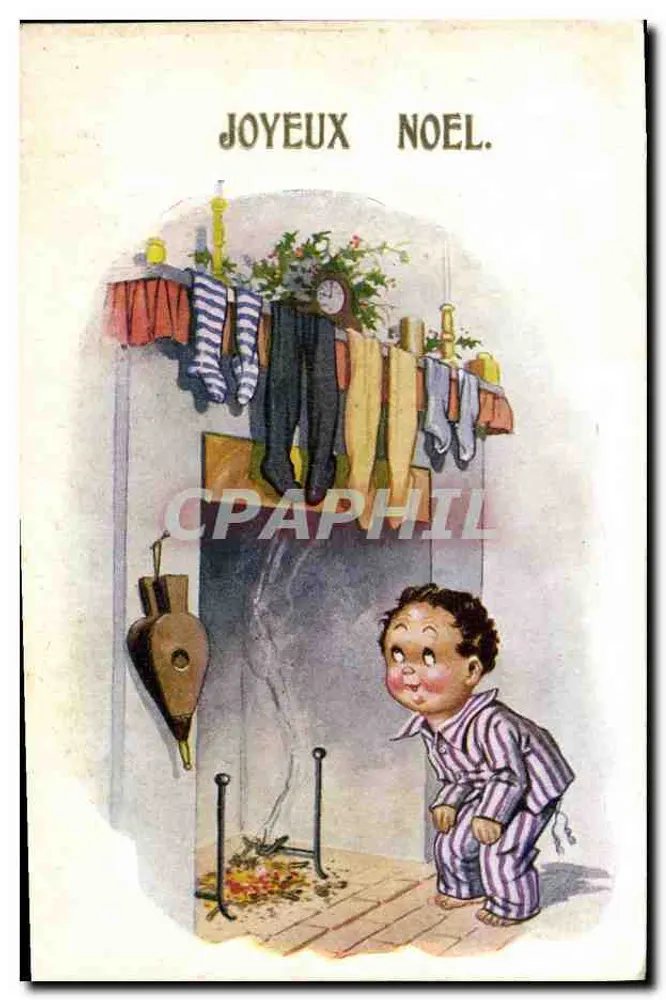 Kind vor dem Kaminfeuer — Frohe Weihnachten — Inter-Art Co., Florence House, Barnes, London, S.W. — Serie 'COMIQUE' Nr. 7682 - Vorderseite