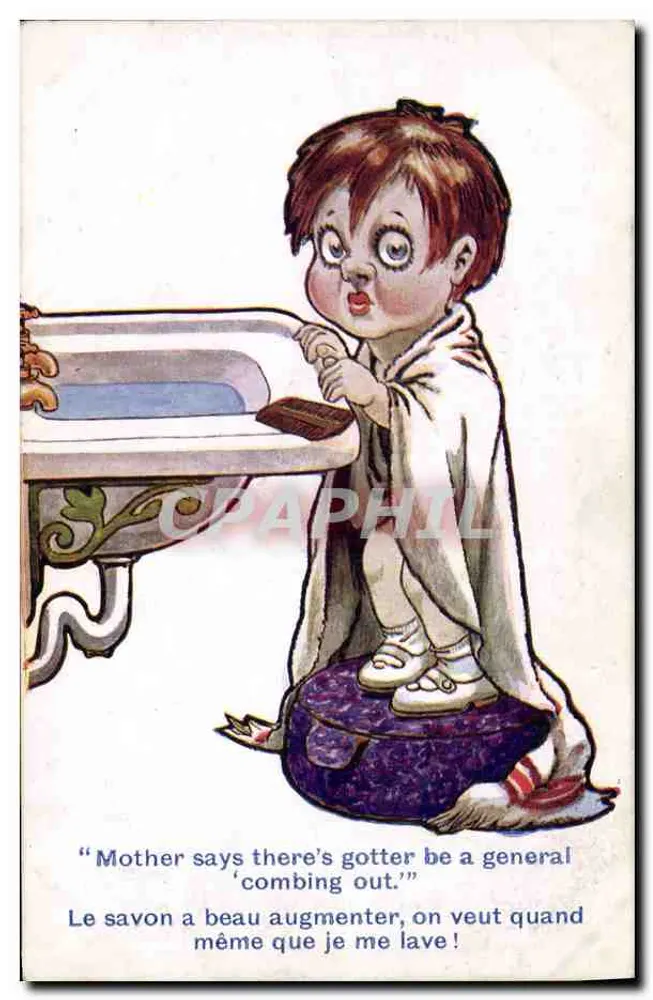 Kind, das sich die Zähne putzt — bilingualer Text — Inter Art Co. London, Serie 'Comique' Nr. 1794 - Vorderseite