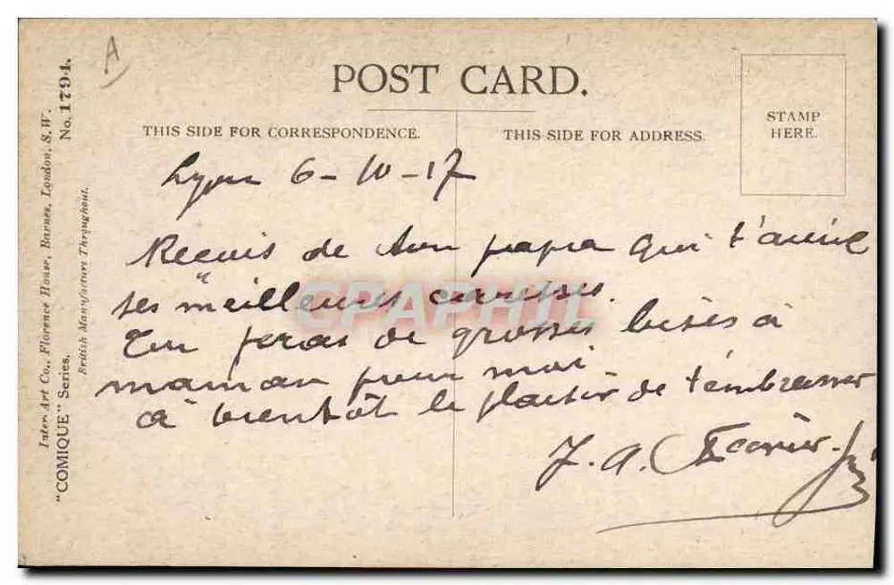Kind, das sich die Zähne putzt — bilingualer Text — Inter Art Co. London, Serie 'Comique' Nr. 1794 - Rückseite