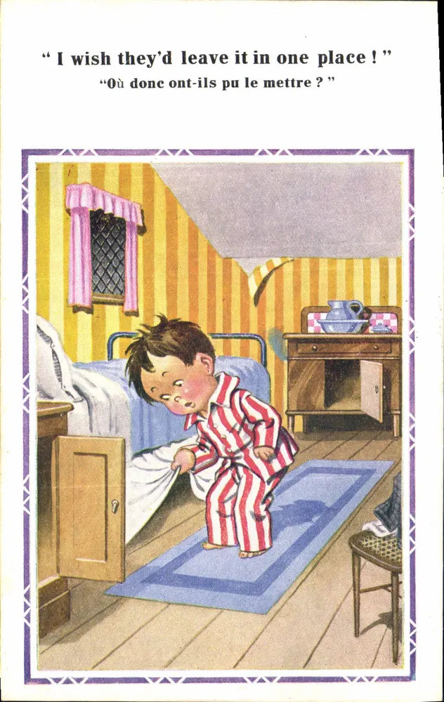 Kind in gestreiften Schlafanzug — Schlafzimmer — Serie Nacco, Nr. 150, gedruckt in England - Vorderseite