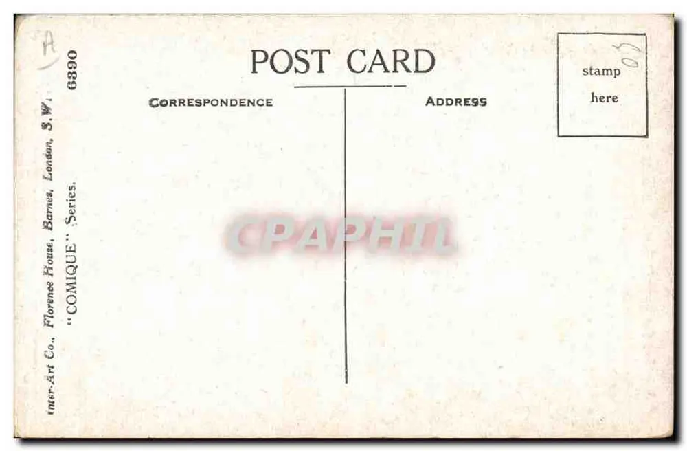 Kunde und Verkäufer in einem Krawattenladen — Comique-Serie — Inter-Art Co., Florence House, Barnes, S.W.1 - Rückseite