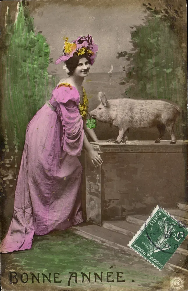 Frau in rosa Kleid und Schwein — Frohes Neues Jahr — Nane Phototypie, Stuglitz - Vorderseite