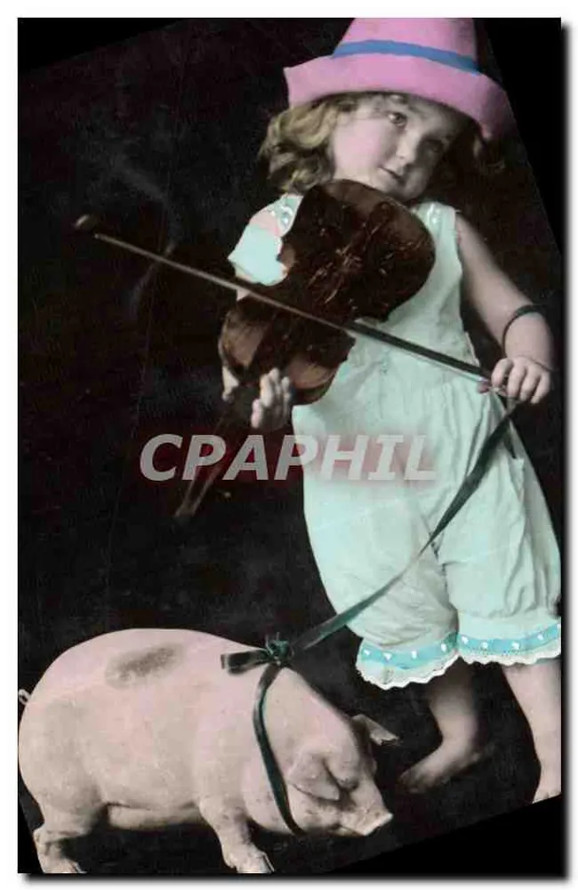 Menina com um violino e um porco — editor não identificado - Frente