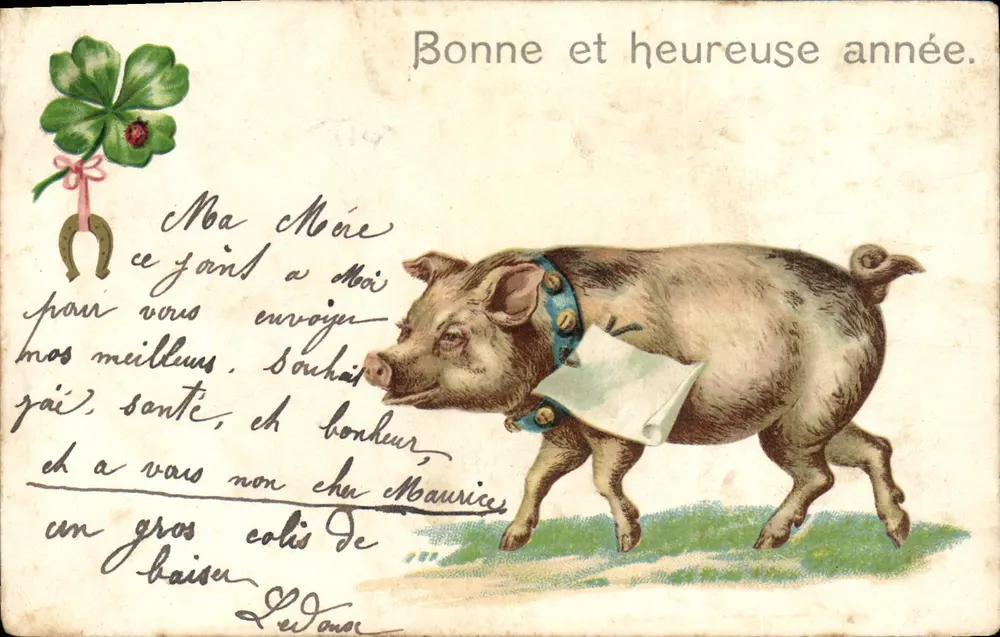 Pigé avec colis — Bonne et heureuse année — éditeur Weltpostverein - Frente