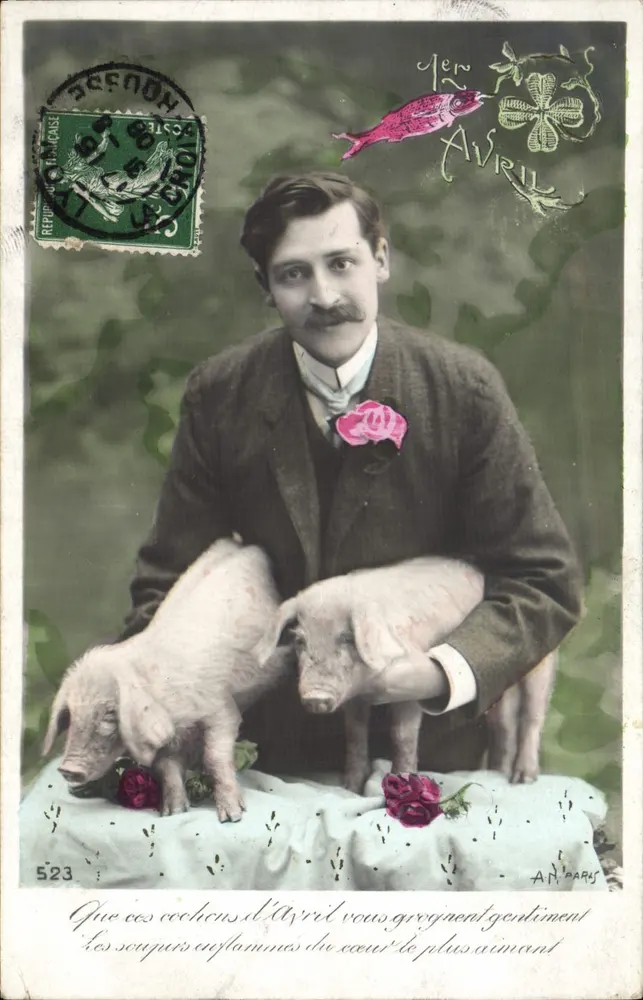 Homme avec deux cochons — scène de printemps — éditeur A. N. PARIS, n° 523 - Frente