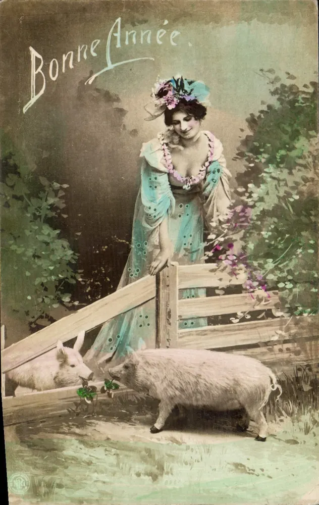 Frau mit zwei Schweinen — Frohe Neujahr — Oranotypie, Gesetzlich geschützte Photographische Gesellschaft A.-G., Stréflitz - Vorderseite