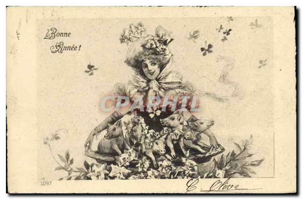 Femme avec porcs — Bonne Année 1907 — E. Olive - Recto