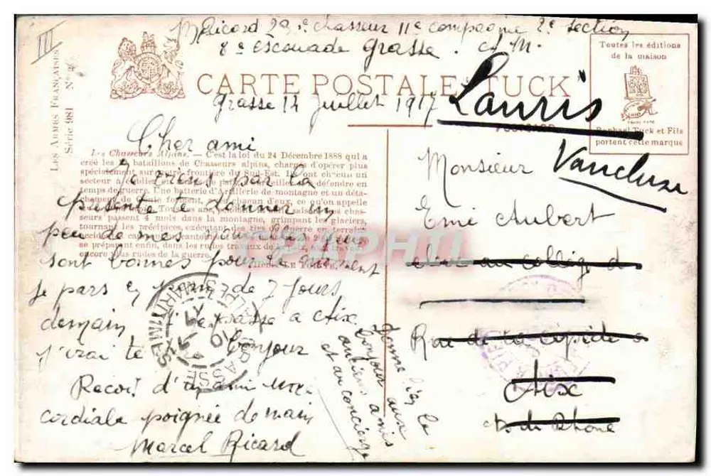 Chasseurs Alpins — Série 981 — Edições Tuck - Verso