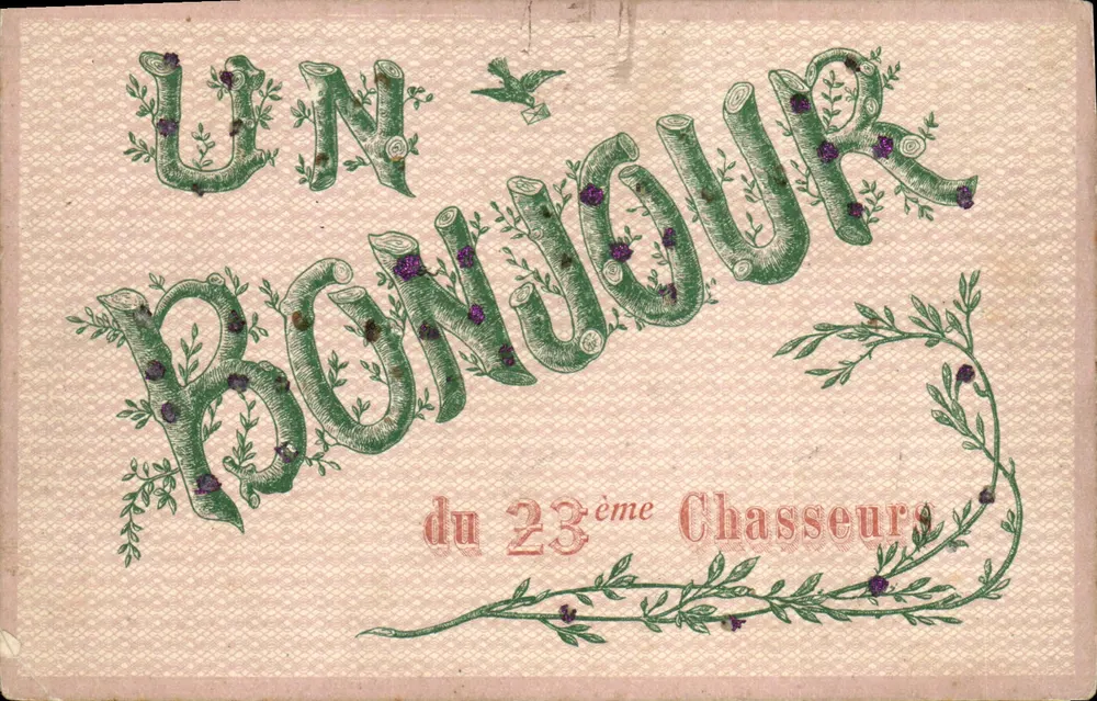 Un Bonjour du 23ème Chasseurs — carte postale militaire ornée de motifs végétaux et d'un oiseau - Vorderseite