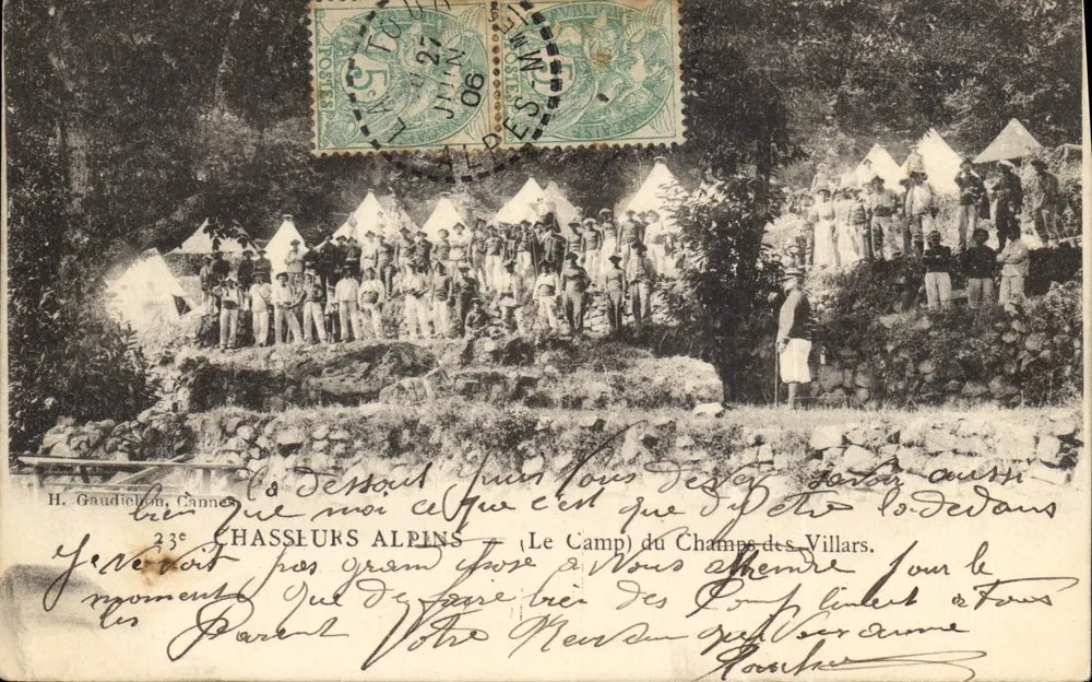Alpine Jäger — Das Lager auf dem Champs des Villars — H. Gaudichon, Cannes - Vorderseite
