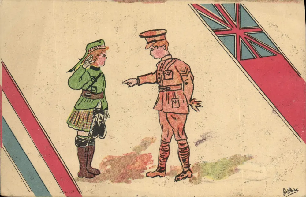 Criança em traje de kilt cumprimentando um soldado britânico — Orfanato das Forças Armadas, Paris - Frente