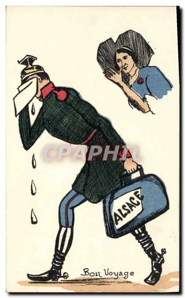 Soldado alsaciano chorando — caricatura — E. Le Deley, imp. 127, Boulevard de Sébastopol, Paris - Frente