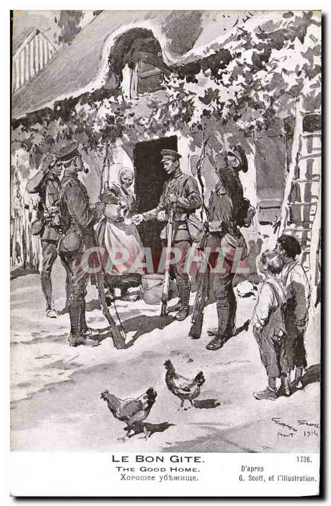 Soldaten und Kinder vor einem Haus — Illustration von G. Scott — Ausgabe 'Die Europäische Krieg 1914' Nr. 1736 - Vorderseite