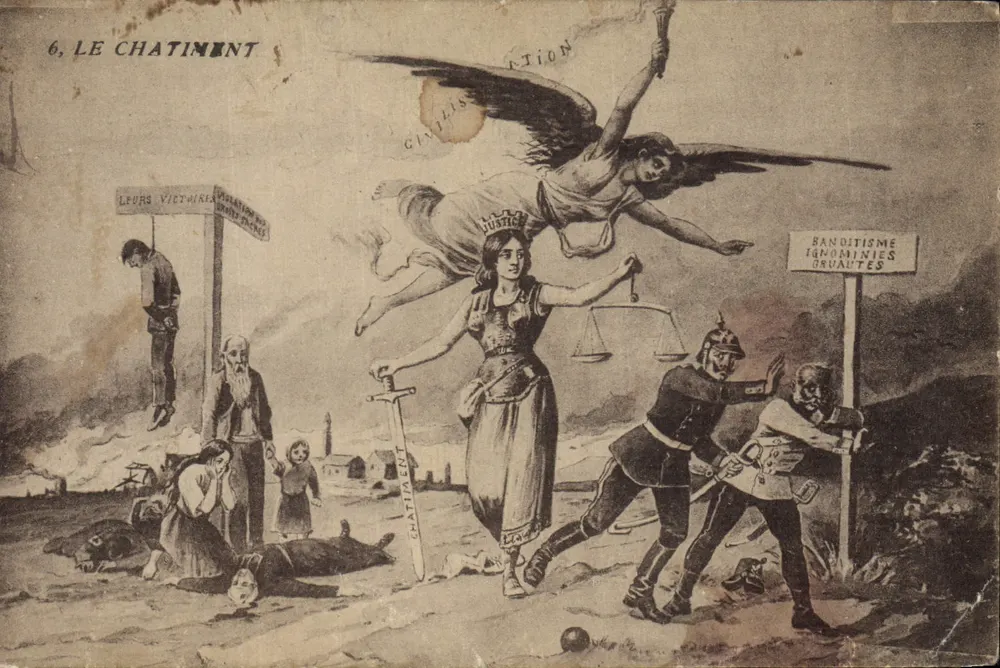 Le Châtiment — scène politique avec Justice et soldats — éditeur anonyme, n°6 - Frente