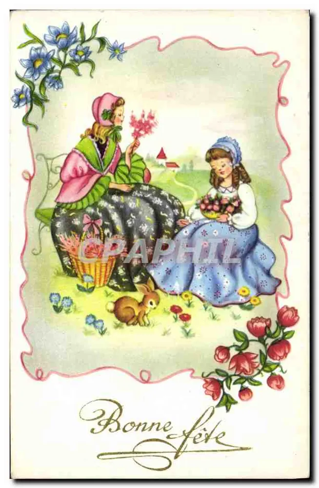 Zwei junge Mädchen mit einem Hasen — Frühlingsszene — Photocchrom, Nr. 390 - Vorderseite