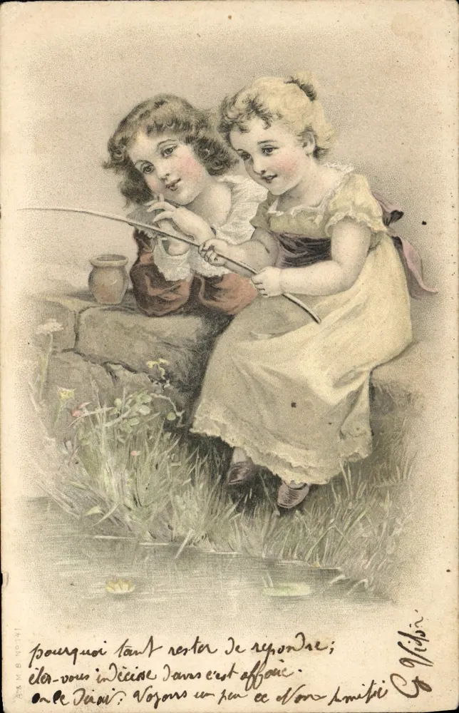 Zwei Kinder fischen — Illustration von G. Vichy — Verlag A.M.B. Nr. 141 - Vorderseite