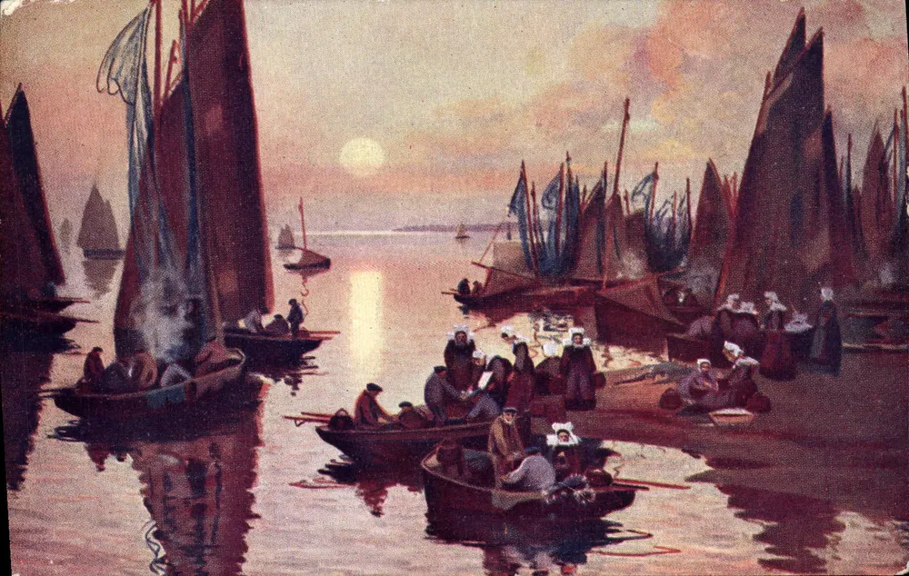 Fischerhafen mit Segeln — Sonnenuntergangsszene — unbekannter Verlag, Seriennummer nicht sichtbar - Vorderseite
