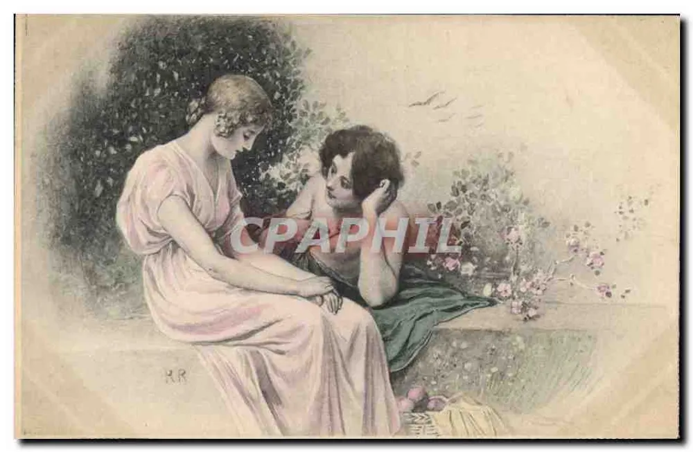 Zwei Frauen im Garten — Illustration — H.R. (unterschrieben) und Verlag unbekannt - Vorderseite