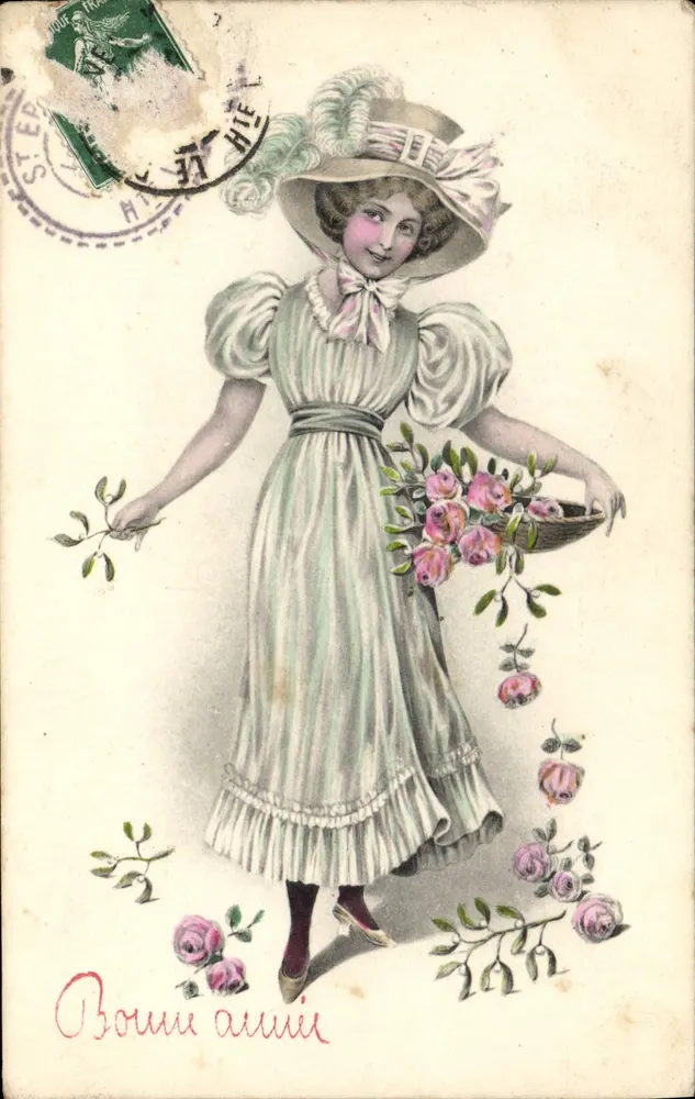 Frau in leichtem Kleid mit Korb voll Rosen — Verlag Steeber, Serie 502 - Vorderseite