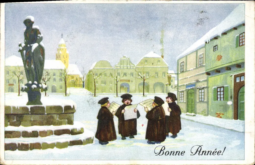 Kinder in Choruniformen singen in einem schneeverdeckten Platz — Serie S+S 9202/3 - Vorderseite