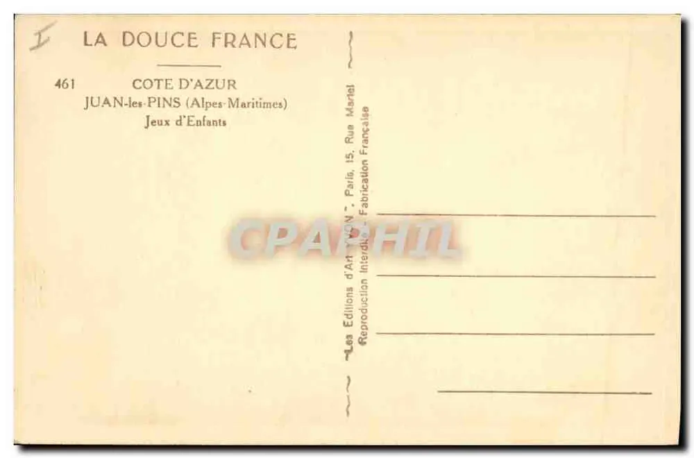 Jogos de Crianças — Juan-les-Pins (Alpes-Maritimes) — La Douce France, n°461 - Verso