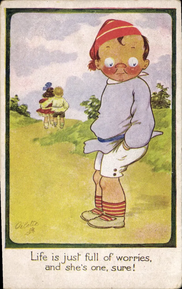 Trauriges Kind, das zwei Kinder spielerisch beobachtet — Zeichnung von Gillette — Tuck's Post Card n° 574 - Vorderseite