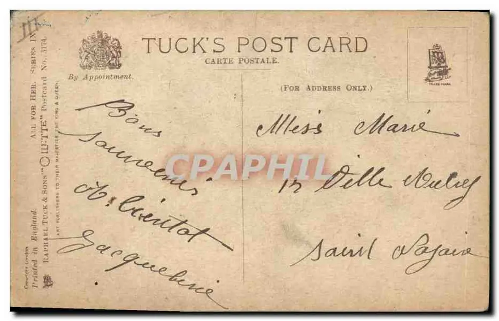 Trauriges Kind, das zwei Kinder spielerisch beobachtet — Zeichnung von Gillette — Tuck's Post Card n° 574 - Rückseite