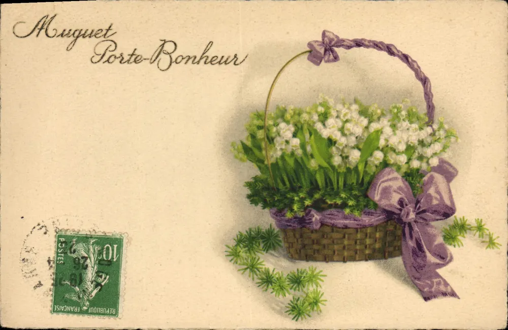 Muguet Porte-Bonheur — cartão postal ilustrado com um cesto de muguetes e um laço roxo — editor não visível - Frente