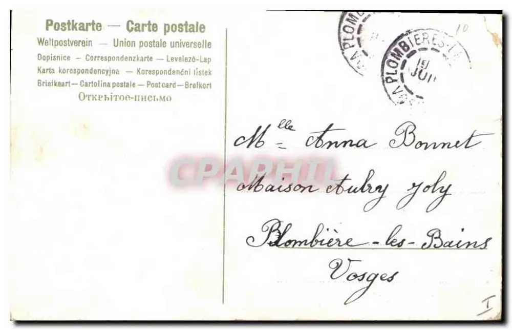 Violetas em um cesto — Carta postal de PLOMBIÈRES-LES-BAINS — editor não identificado - Verso