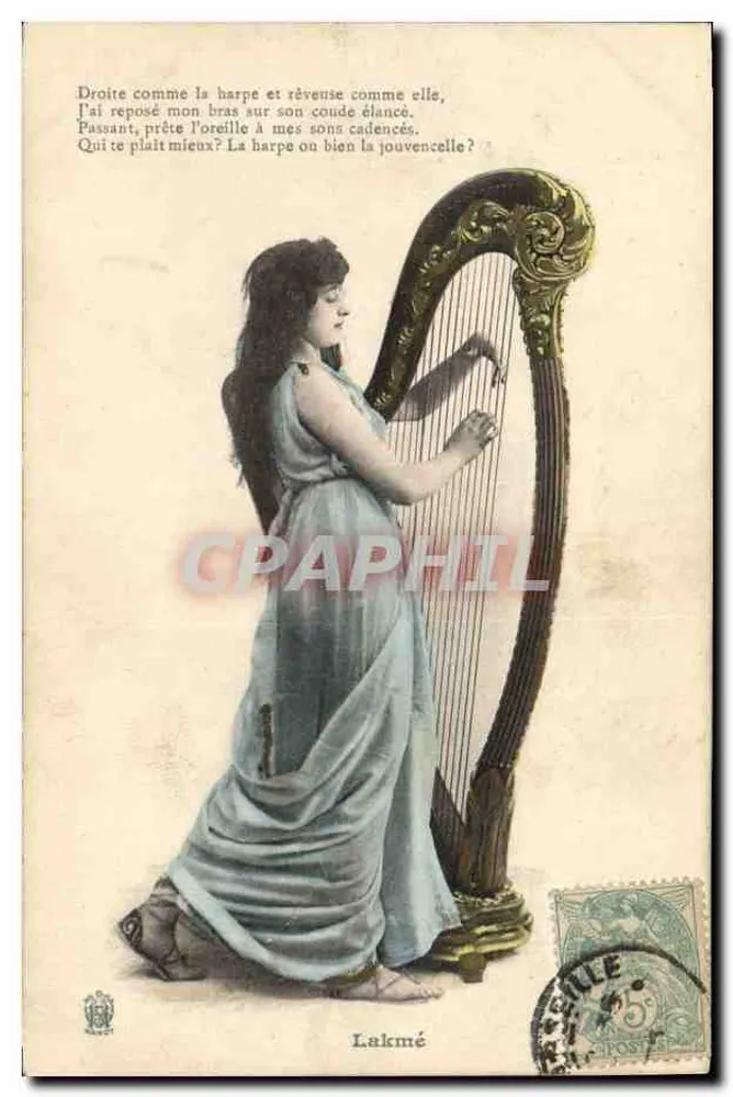 Jovem mulher tocando harpa — ilustração poética — Lakmé - Frente