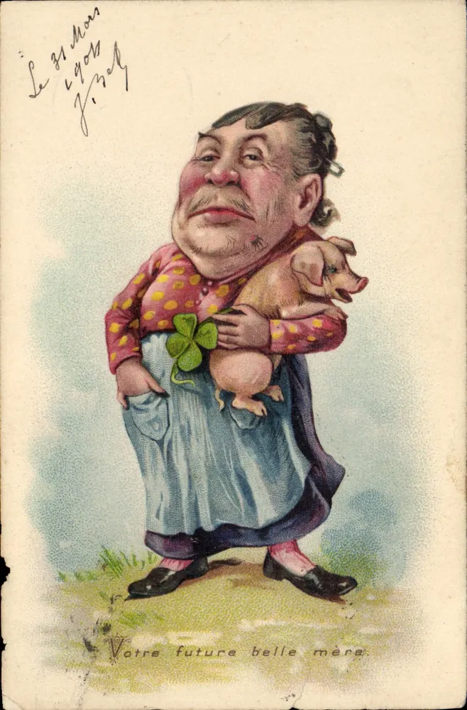 Caricature d'une femme tenant un petit cochon — 'Votre future belle mère' — éditeur Le 31 Mars, Lyon, n° 2403 - Voorkant