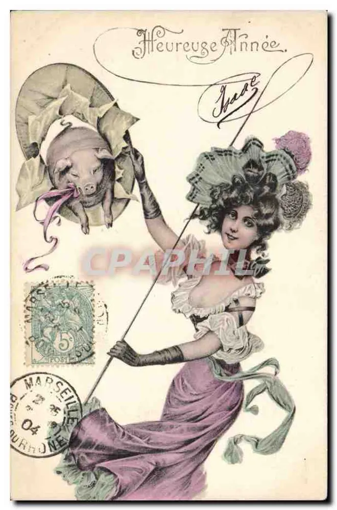 Frau mit Schwein — Frohes Neues Jahr — P. F. B. Serie 1940 - Vorderseite