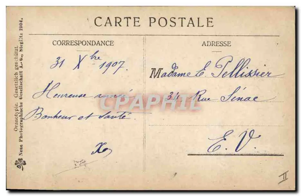 Frau in gelber Robe und zwei Schweine auf einer Waage — Guten Jahresbeginn — Verlag Neue Photographische Gesellschaft 1907 - Rückseite