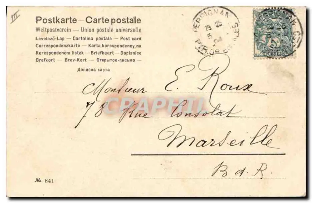 Frau in einem geschmückten Hut — mit Schweinen und Ferkeln — Verleger H. Perry, Nr. 841 - Rückseite