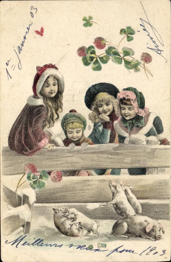 Enfants jouant avec des cochons — scène hivernale — éditeur HEGARTS GEICER & Cie - Frente