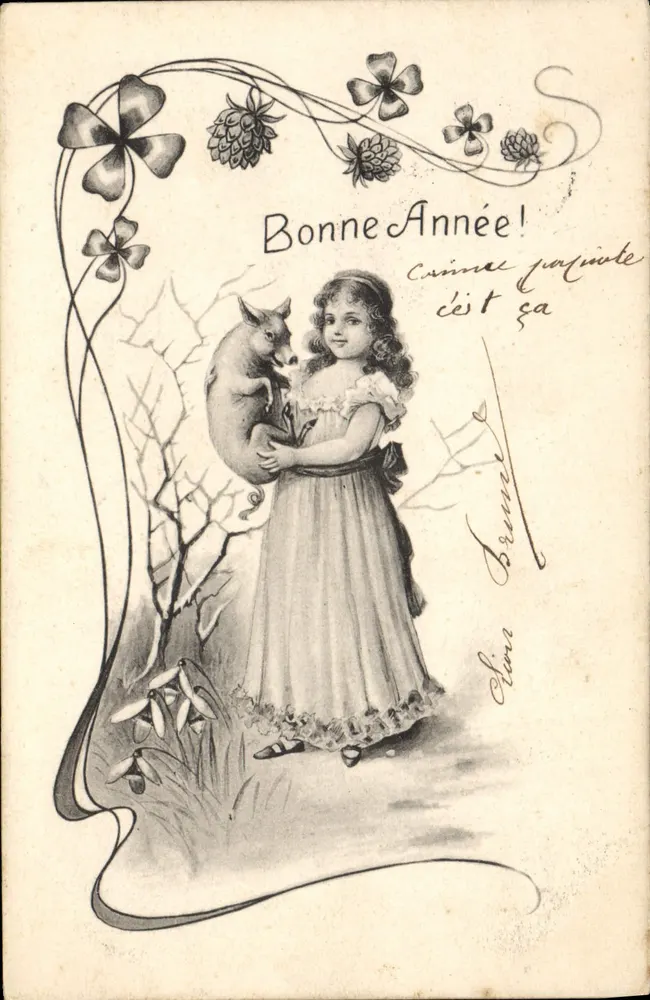 Mädchen mit einem Fuchs — Frohes Neues Jahr! — Serie 187, unbekannter Verleger - Vorderseite